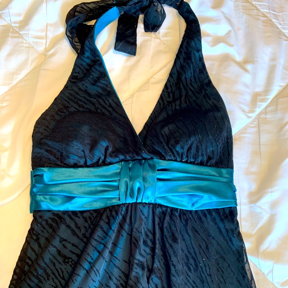 Teal and black halter dress